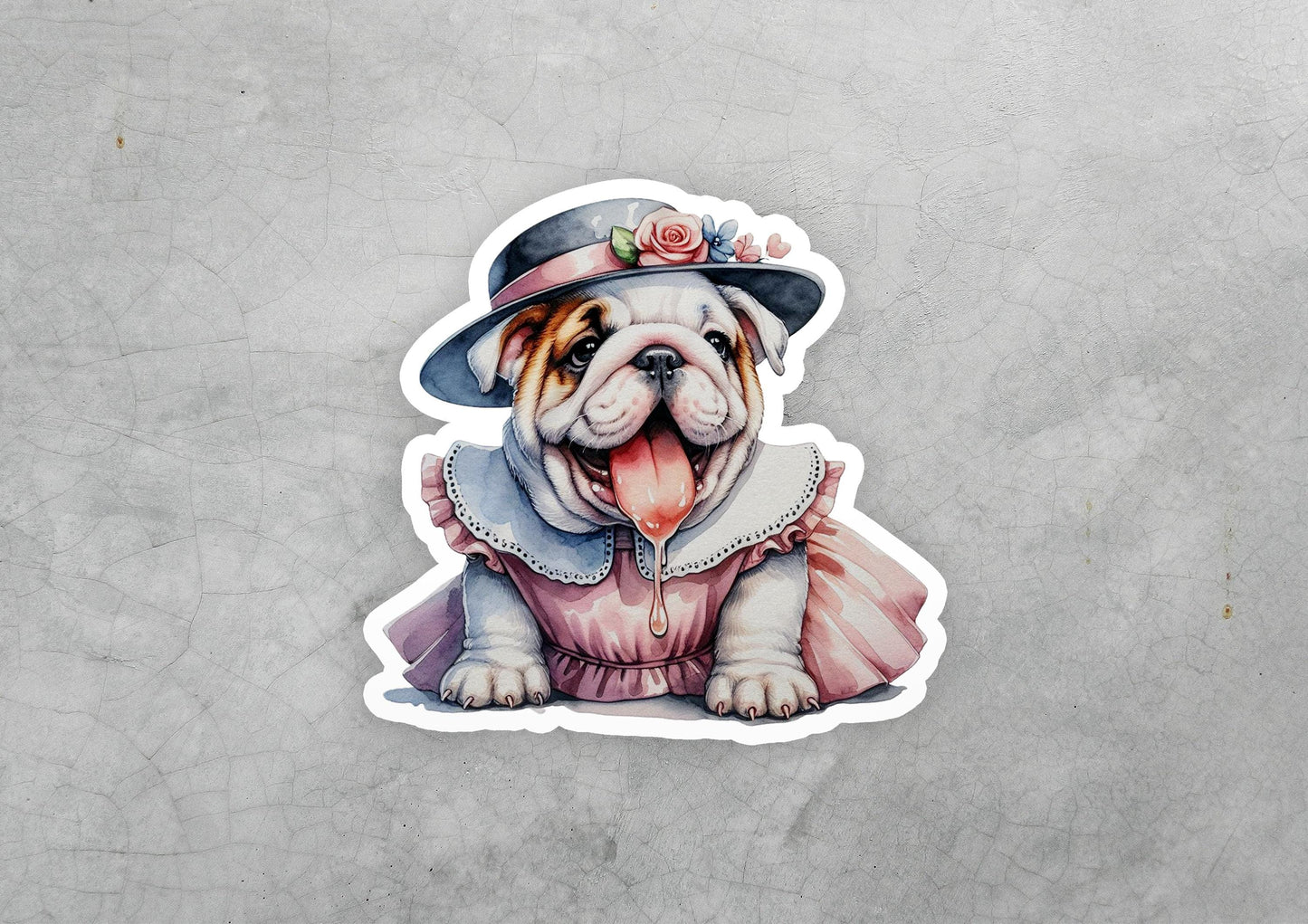 a sticker of a dog wearing a dress and a hat