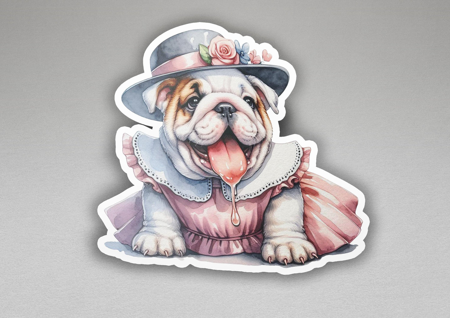 a sticker of a dog wearing a dress and a hat
