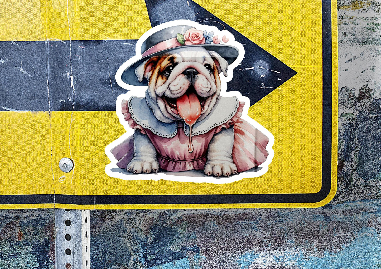 a sticker of a dog wearing a dress and hat