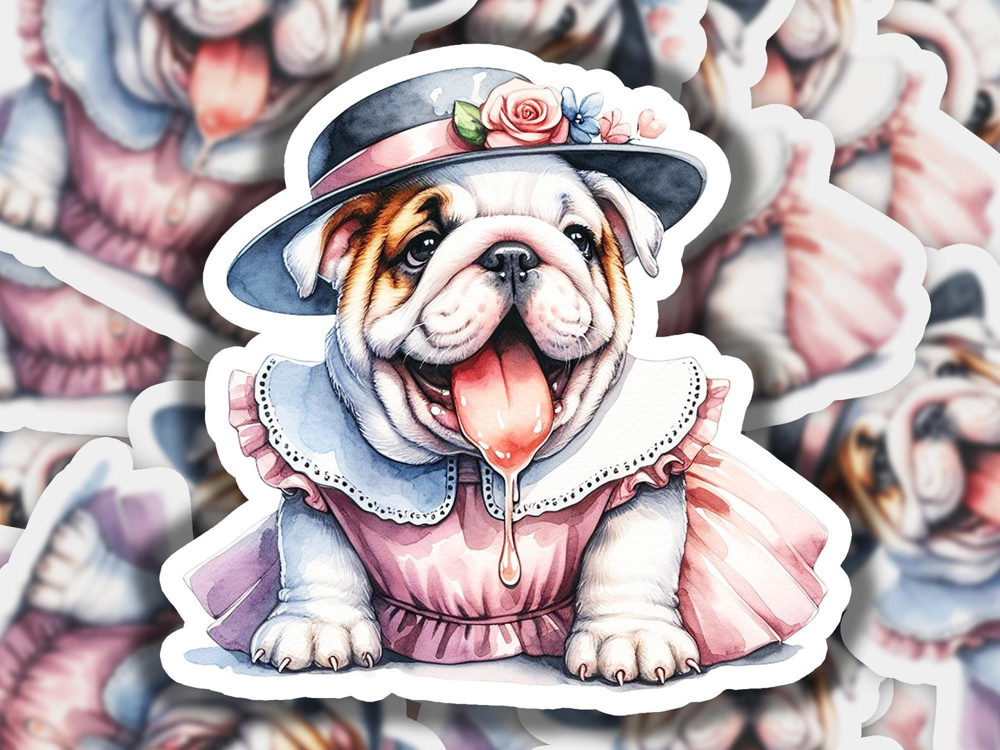 a sticker of a dog wearing a dress and a hat