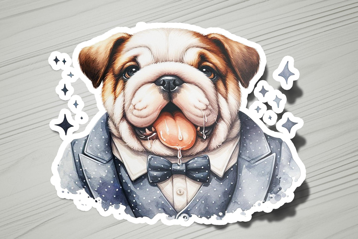 a sticker of a dog wearing a tuxedo