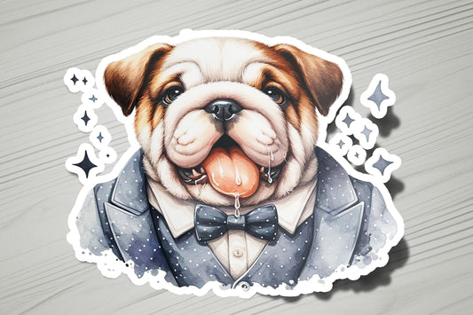 a sticker of a dog wearing a tuxedo
