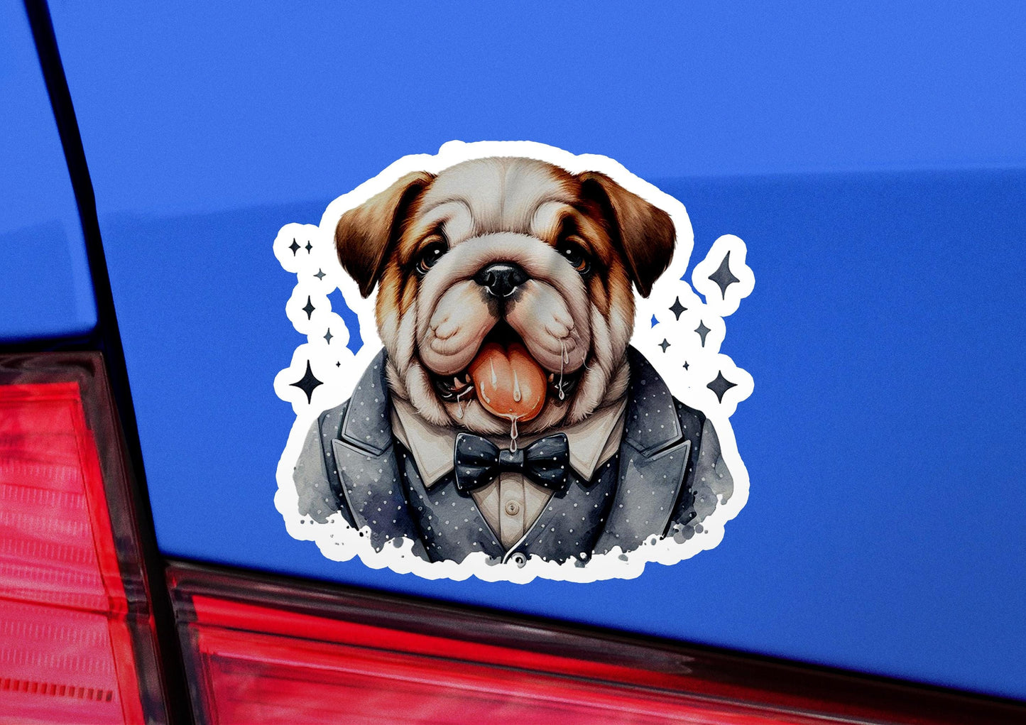 a sticker of a dog wearing a tuxedo