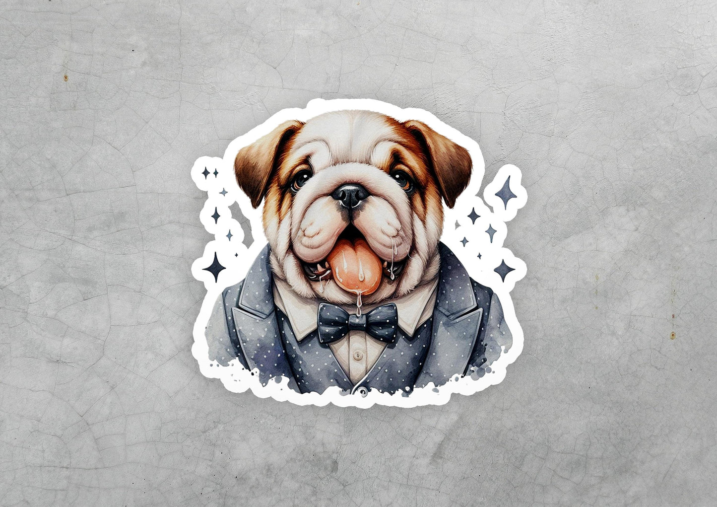 a sticker of a dog wearing a tuxedo