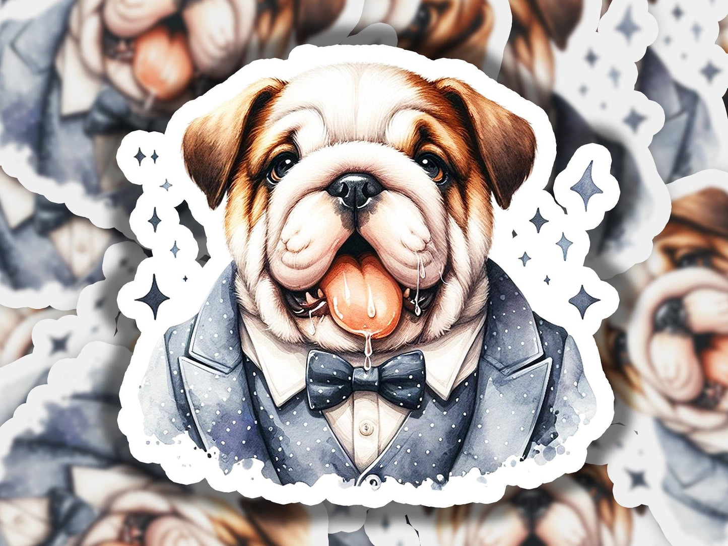 a sticker of a bulldog wearing a tuxedo