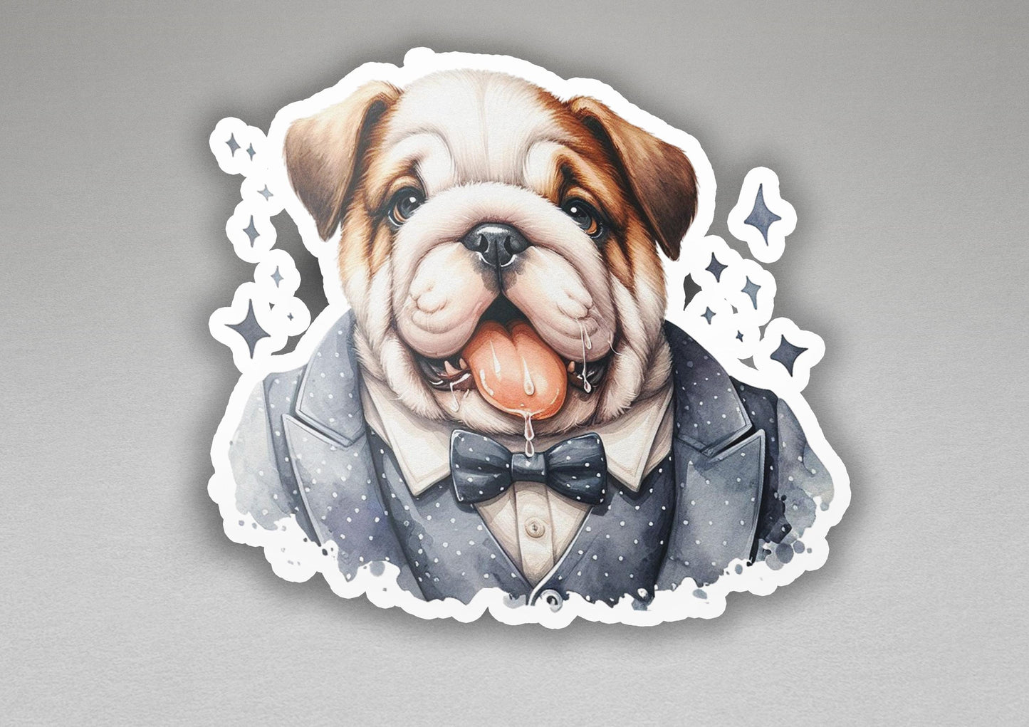 a sticker of a dog wearing a tuxedo