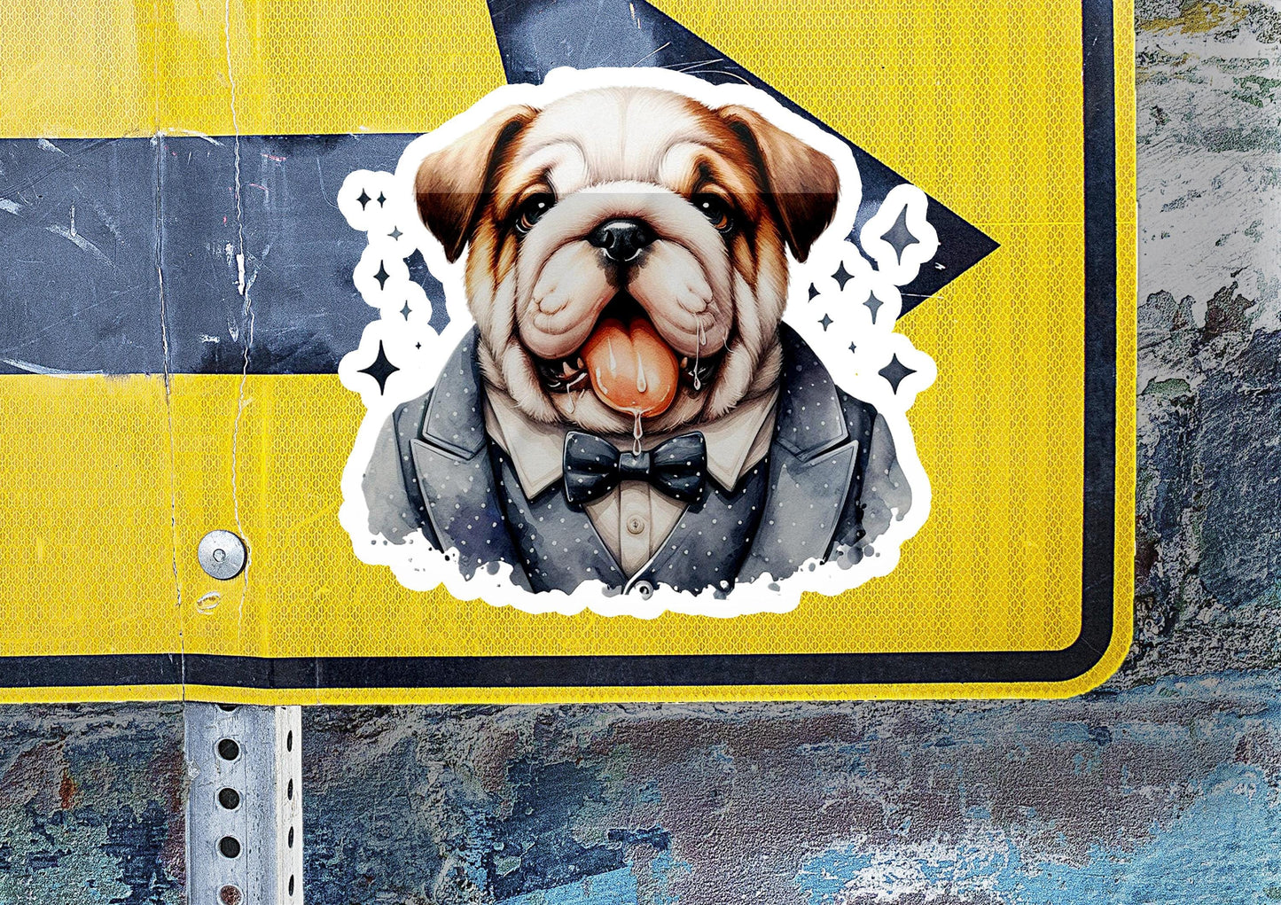 a sticker of a dog wearing a tuxedo