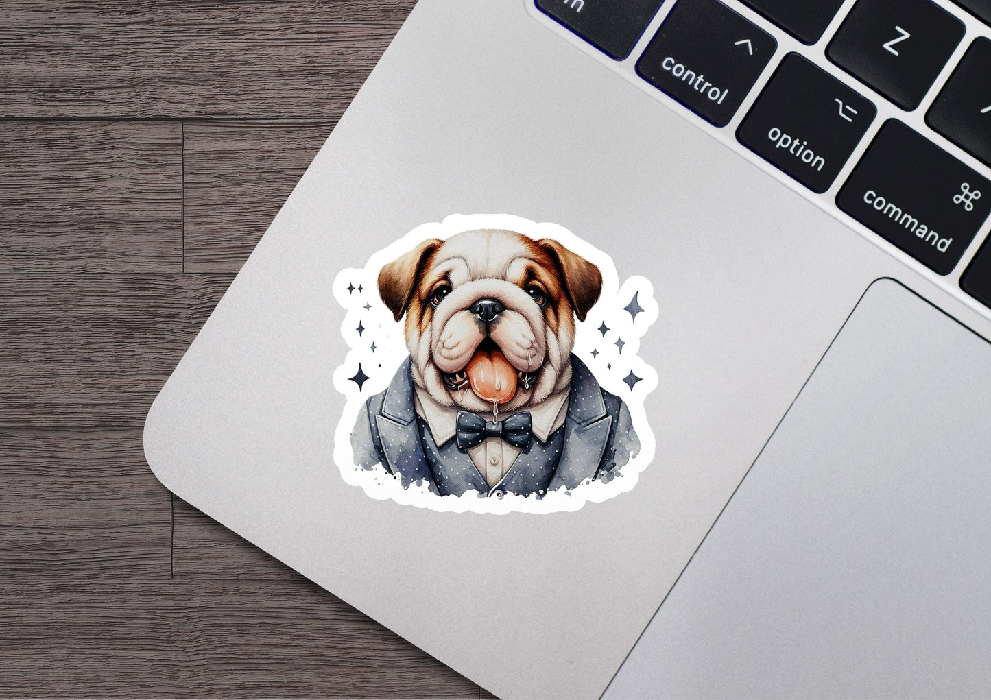 a sticker of a dog wearing a bow tie