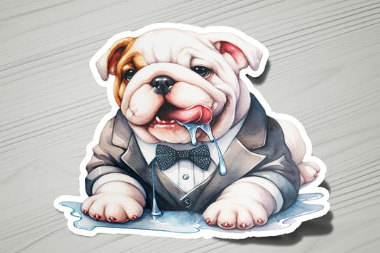 a sticker of a dog wearing a tuxedo