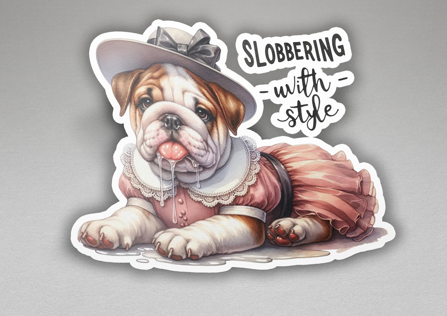 a sticker of a dog wearing a dress and a hat