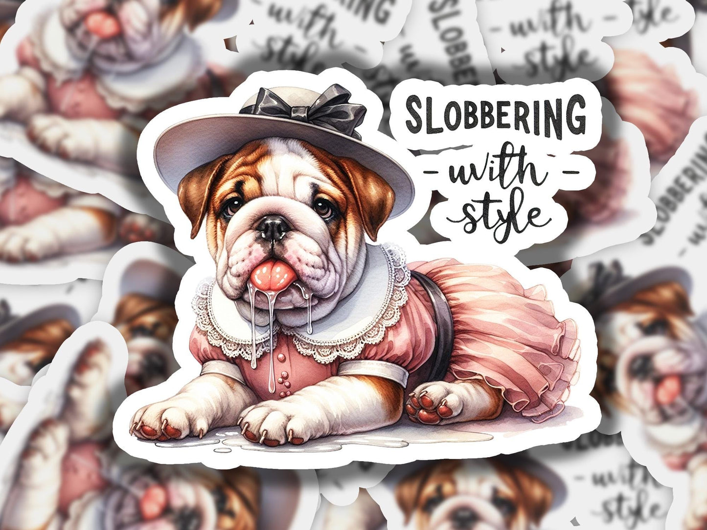 a sticker of a dog wearing a dress and a hat