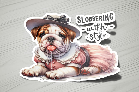a sticker of a dog wearing a dress and a hat