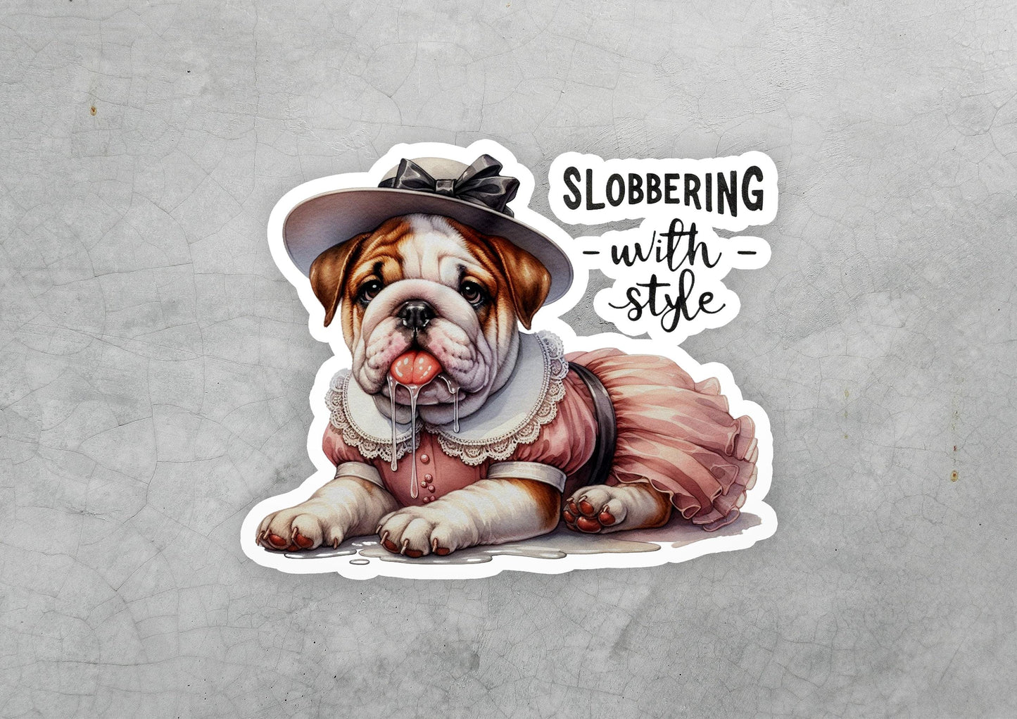 a sticker of a dog wearing a dress and a hat