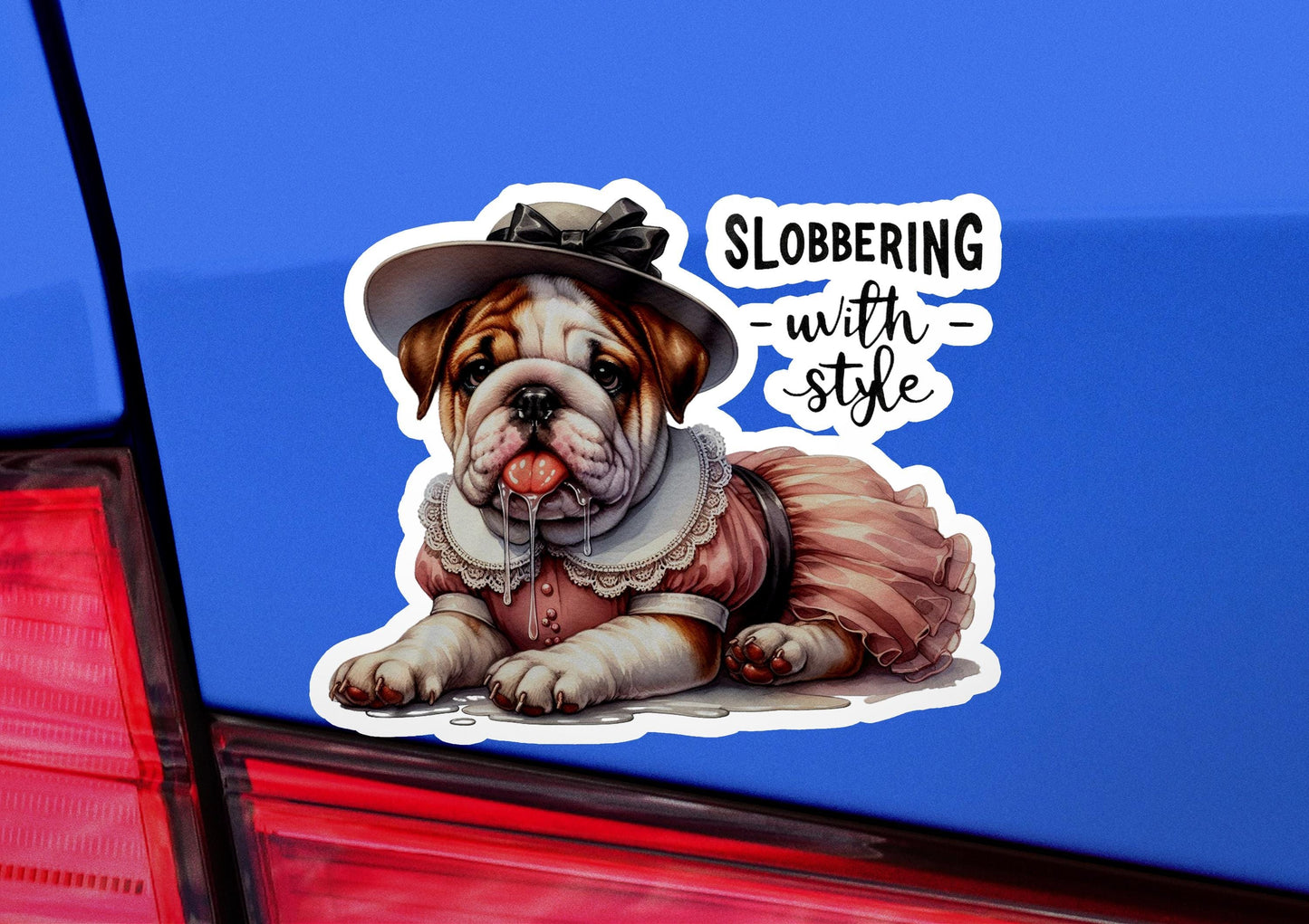 a sticker of a dog wearing a dress and a hat