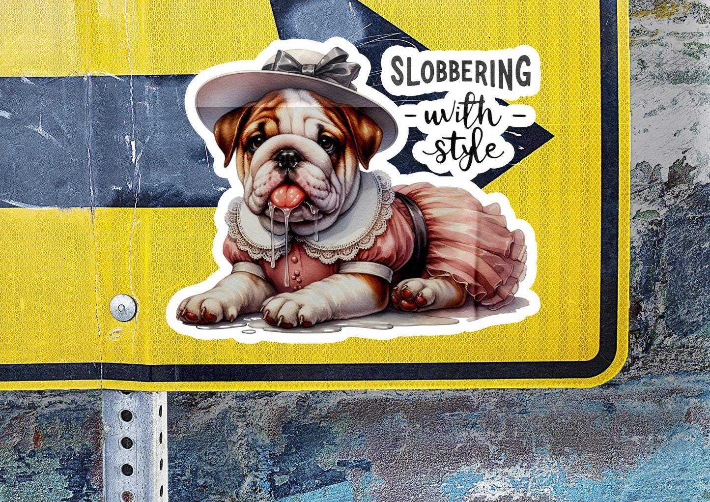 a sticker of a dog wearing a dress and a hat