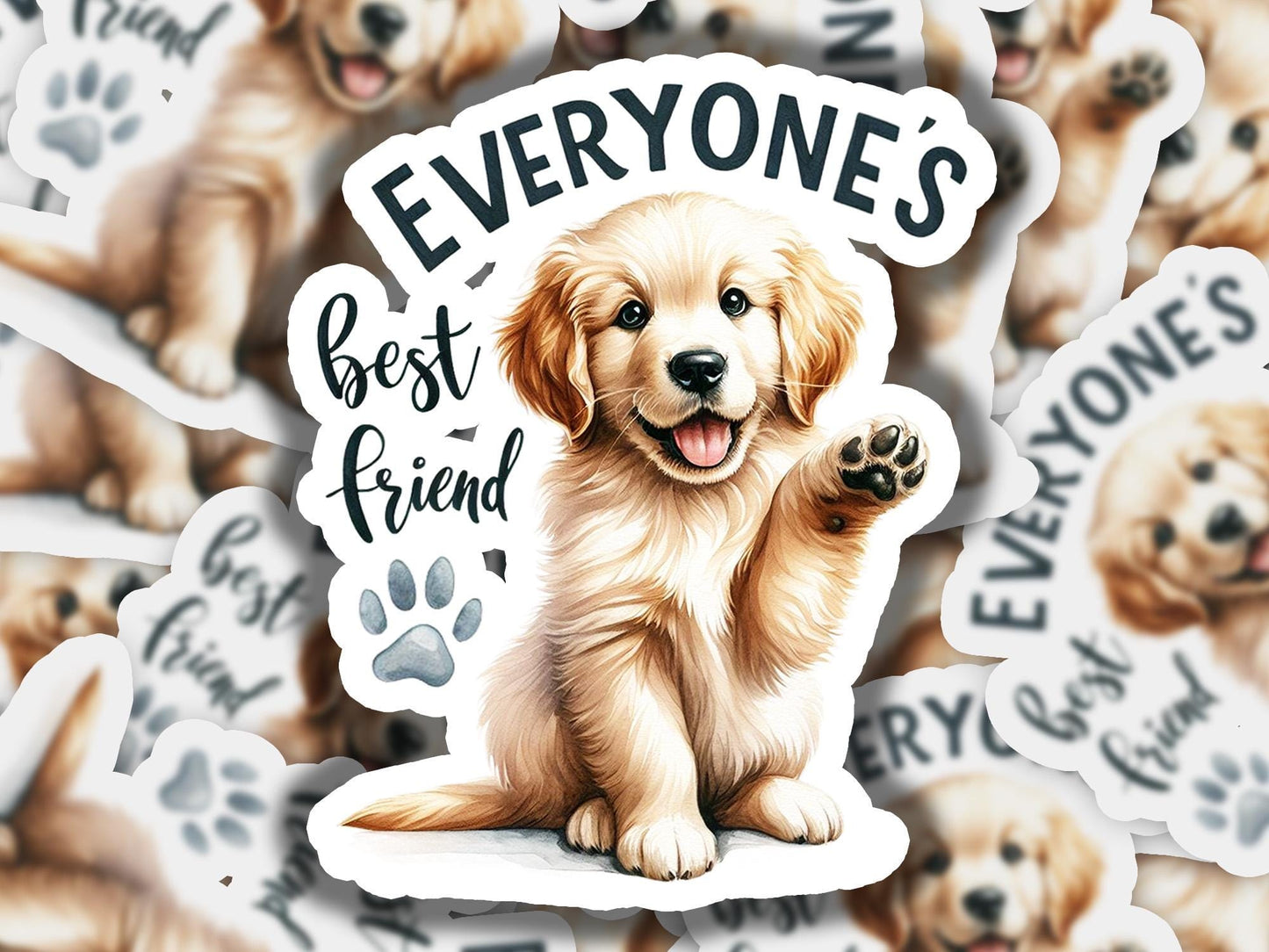 a picture of a golden retriever dog surrounded by stickers
