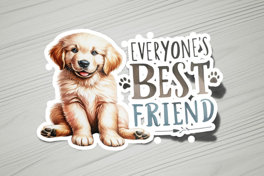 a sticker of a dog with the words, everyone's best friend
