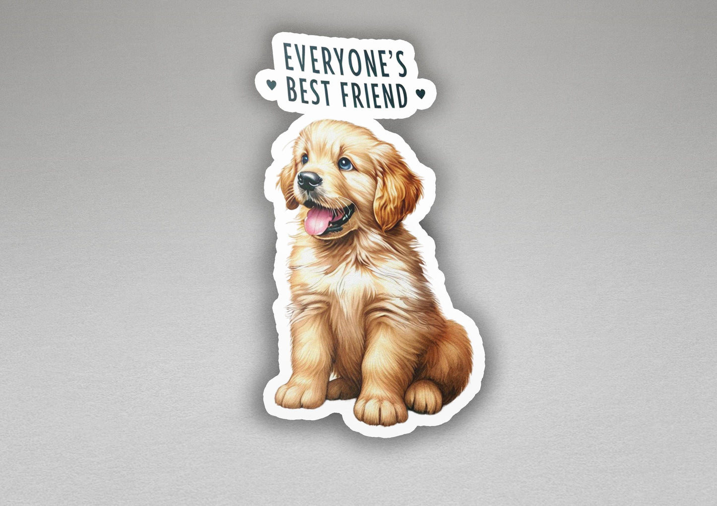 a sticker of a golden retriever puppy sitting on a gray background