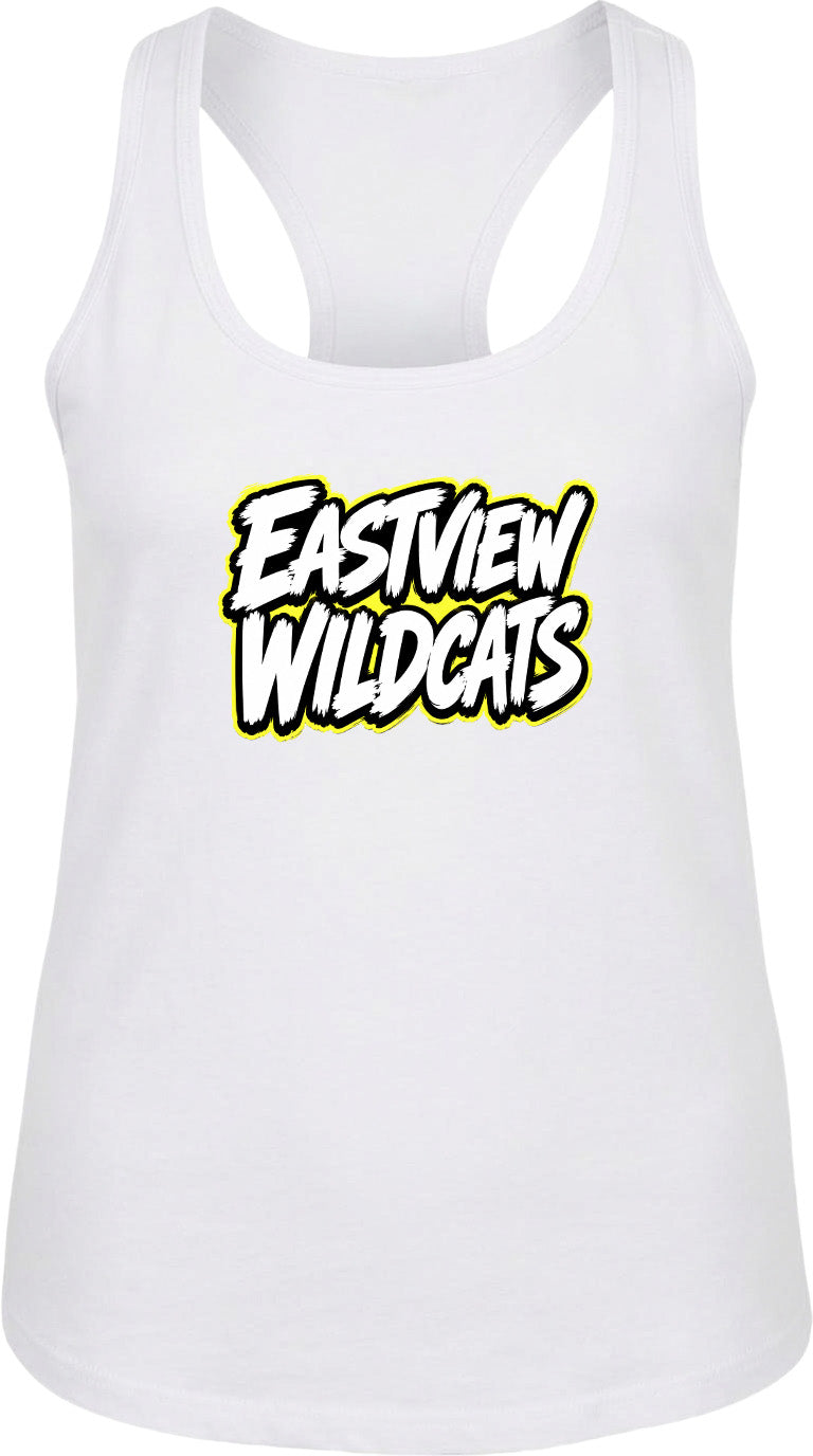 A white tank top with the text "EASTVIEW WILDCATS" printed on it in a stylized font.