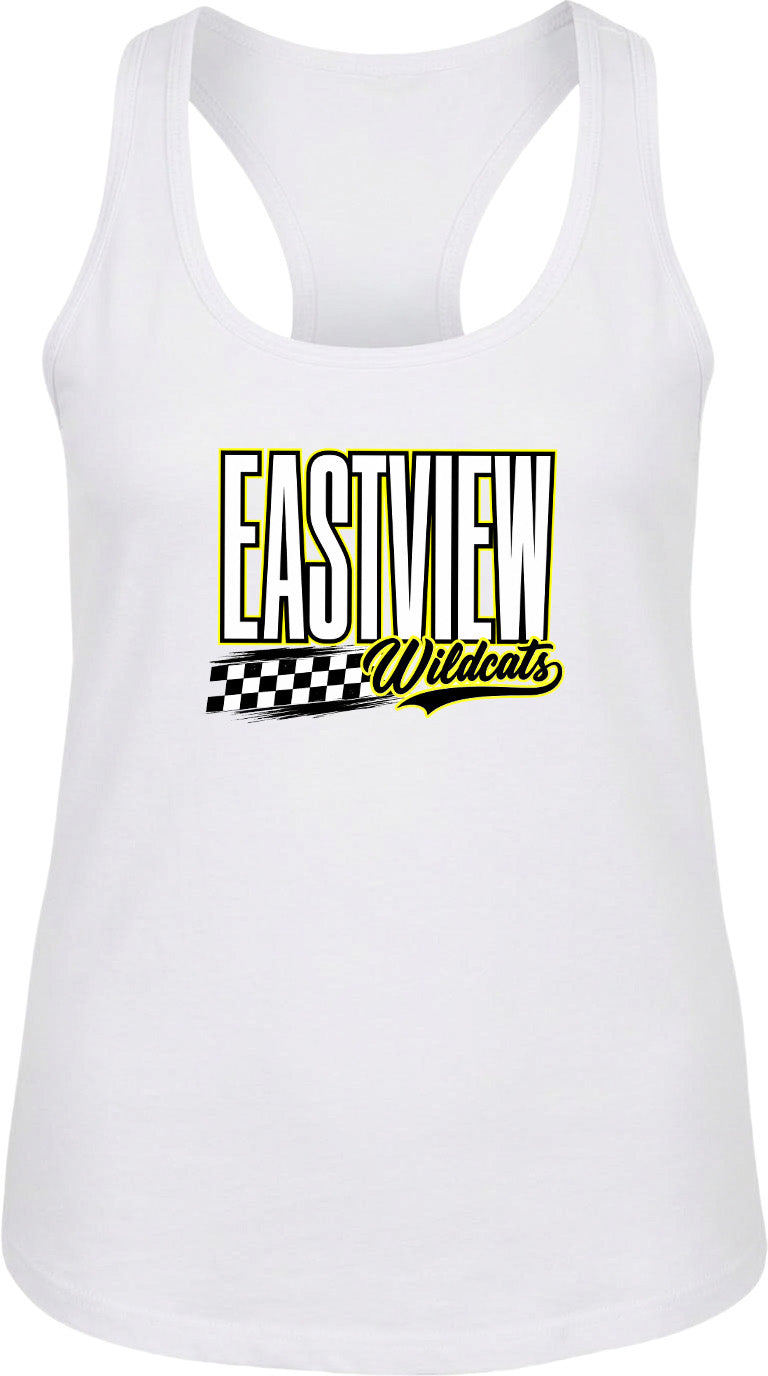 A white tank top with a graphic design featuring the text "EASTVIEW Wildcats" in yellow and black.