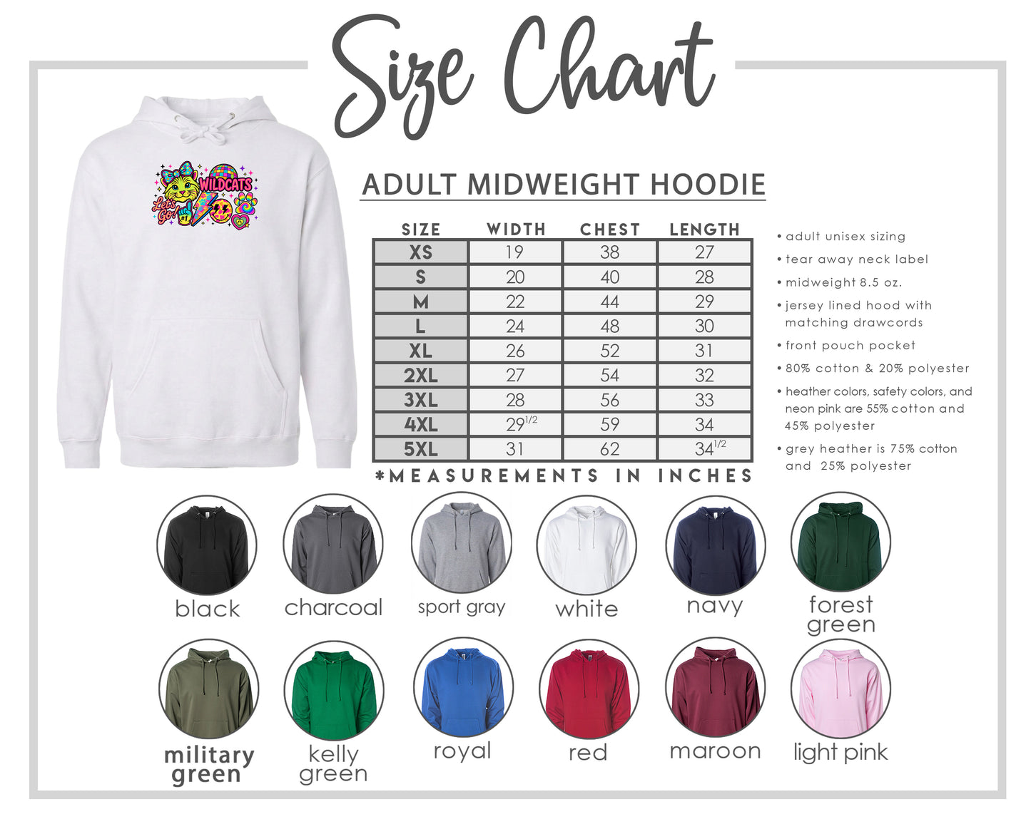 The image is a size chart for an adult midweight hoodie, including various color options and corresponding measurements in inches.