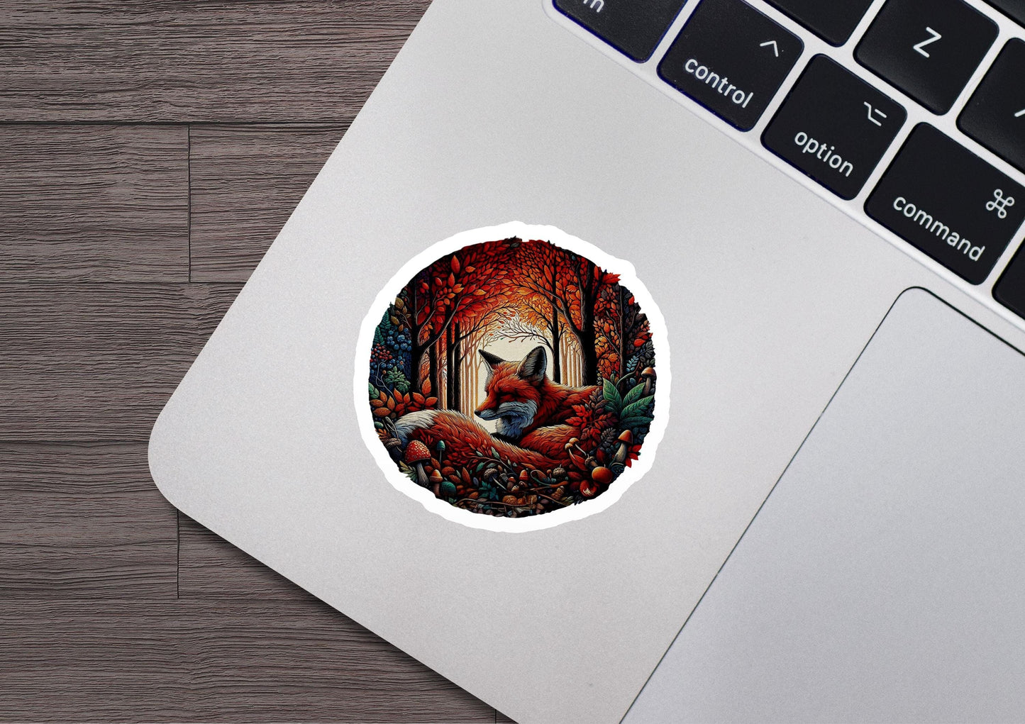 a laptop with a sticker of a forest scene
