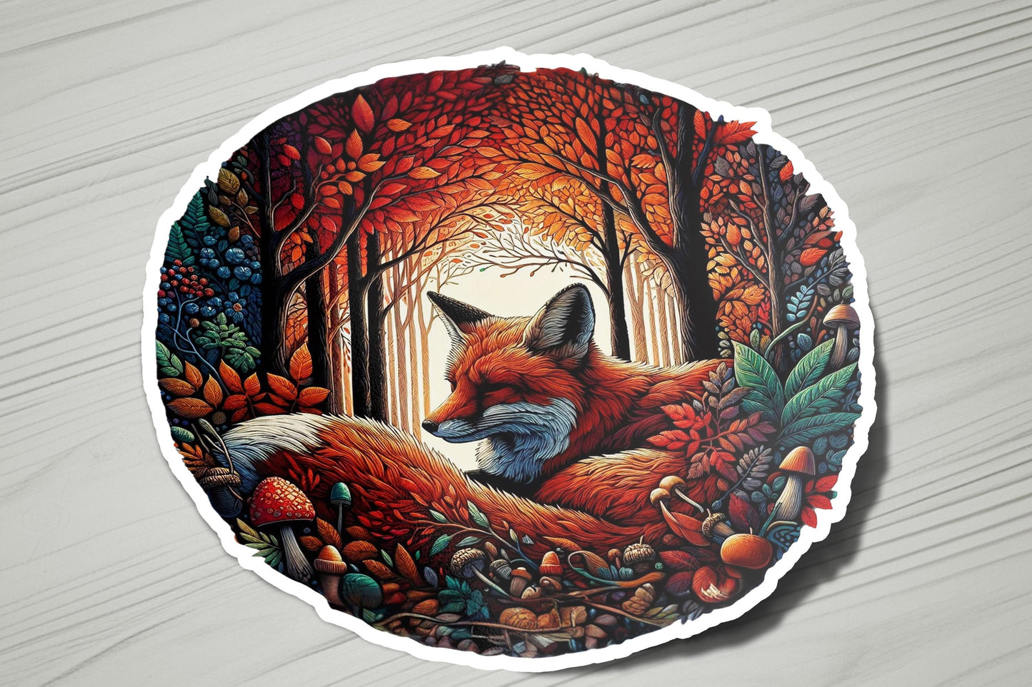 a sticker with a picture of a fox in a forest