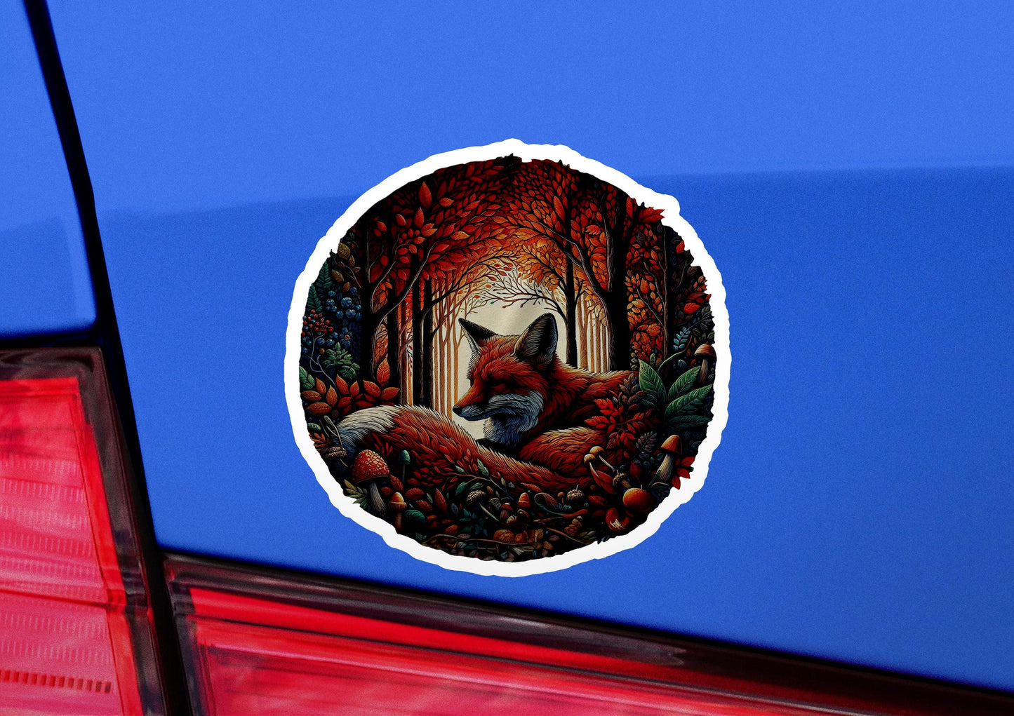 a sticker depicting a fox in a forest