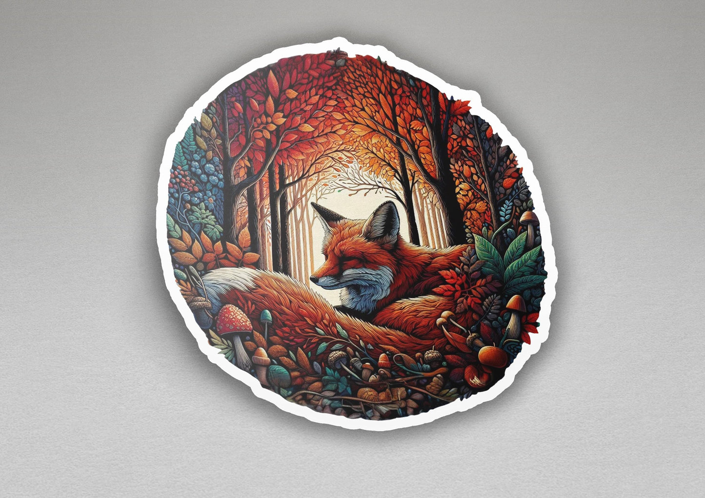 a sticker with a picture of a fox in a forest