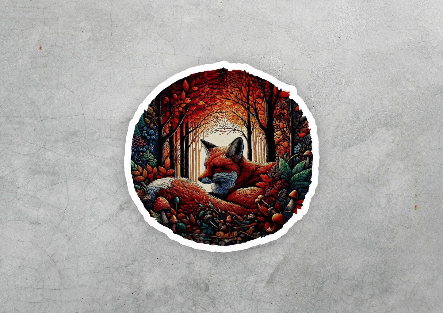 a sticker with a picture of a fox in a forest