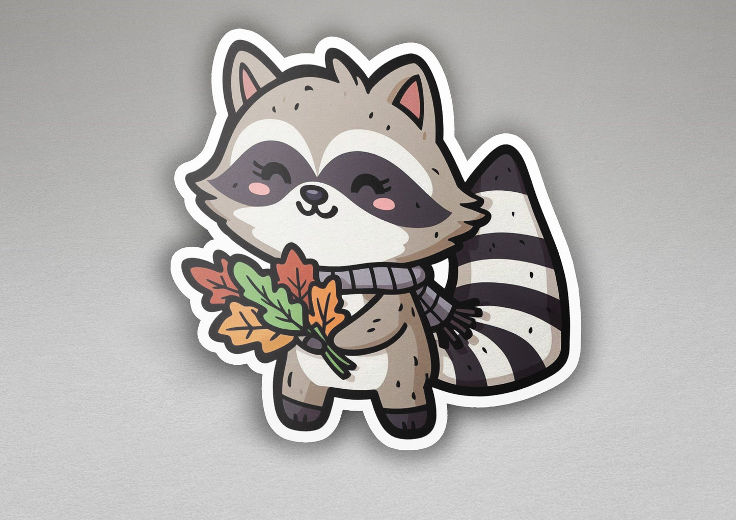 a sticker of a raccoon holding a fall leaf