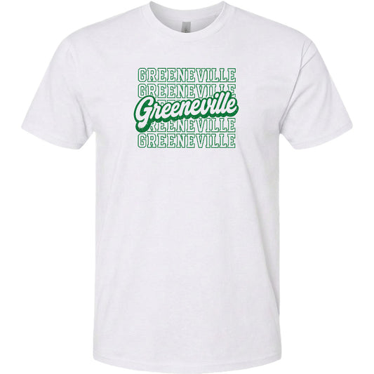A white t-shirt with the text "GREENVILLE" printed in green letters.