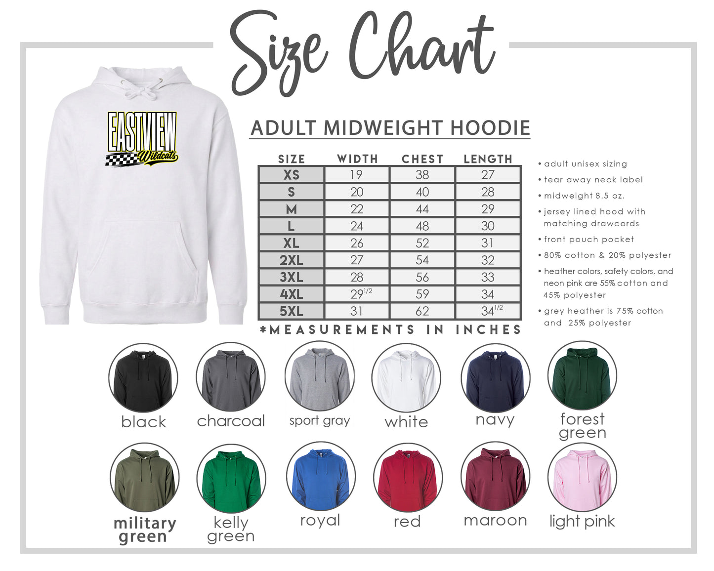 The image is a size chart for an adult midweight hoodie, including various color options and corresponding measurements in inches.
