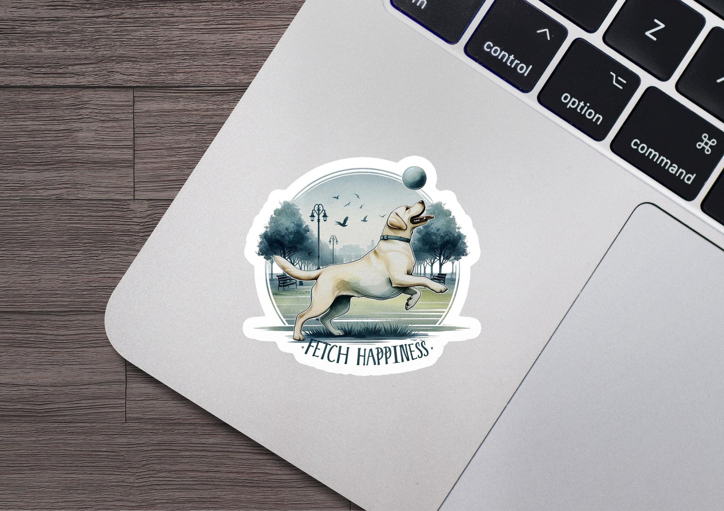 a laptop with a sticker of a dog playing with a ball