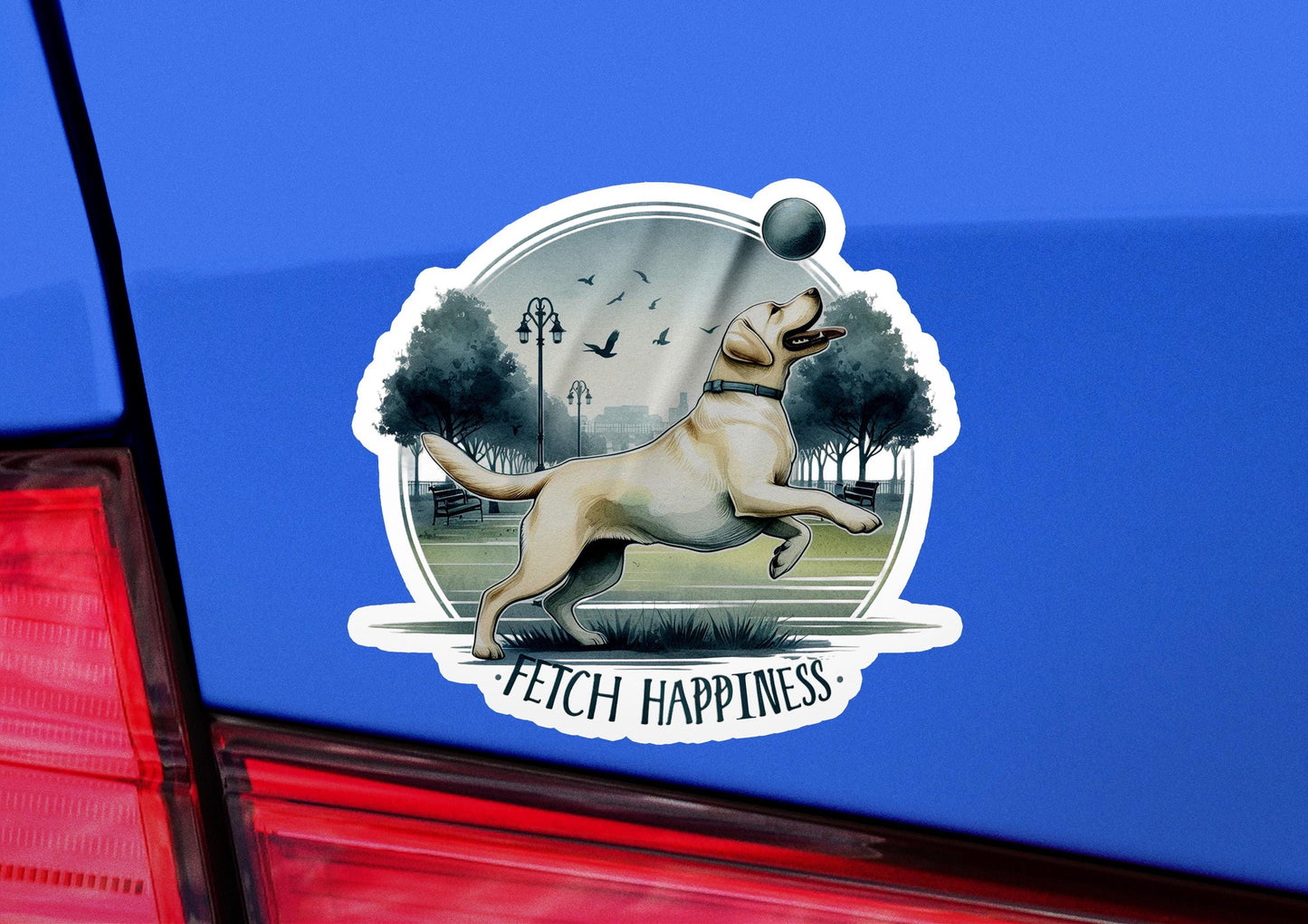 a sticker of a dog catching a frisbee