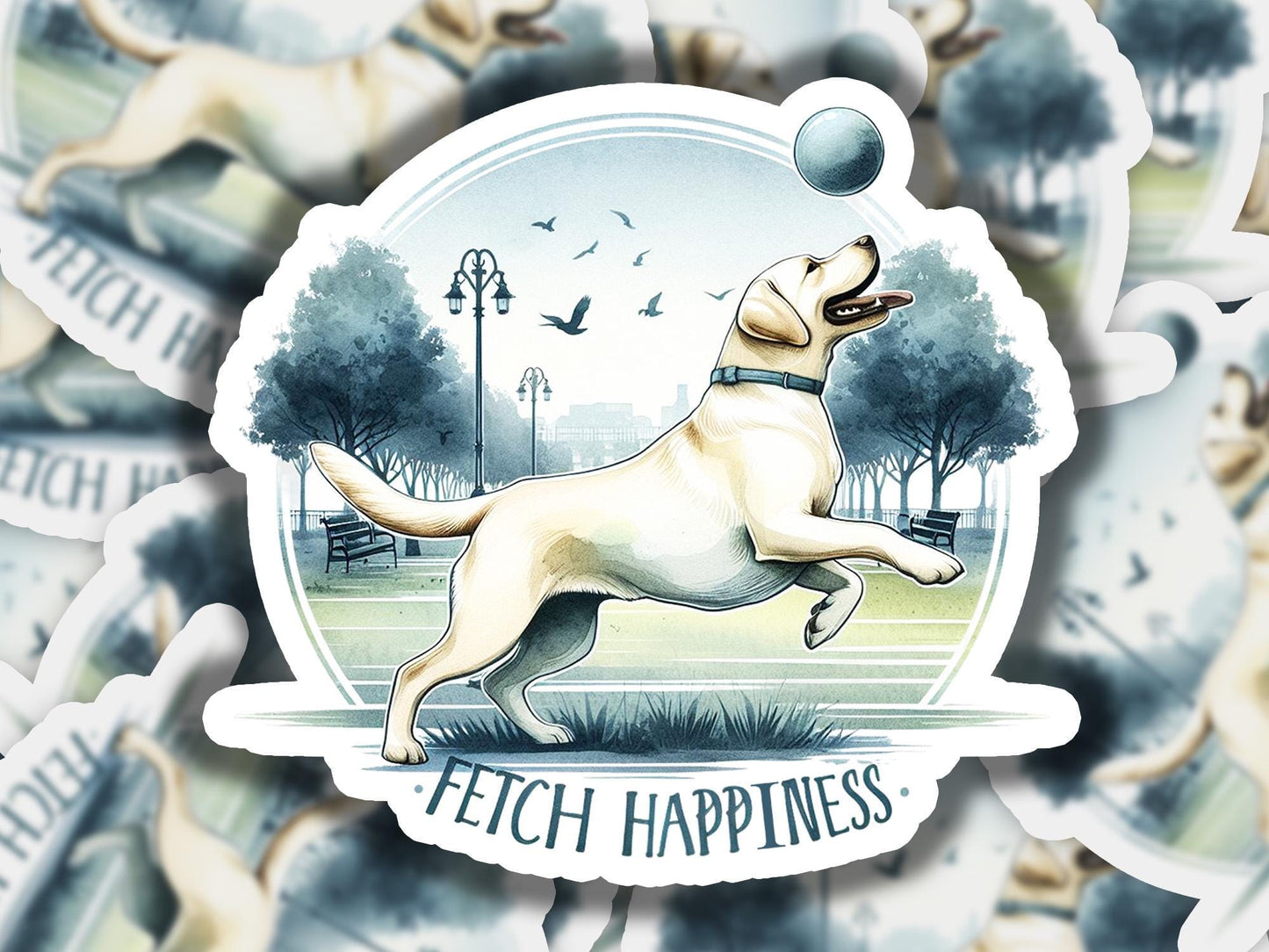 a sticker of a dog playing with a ball