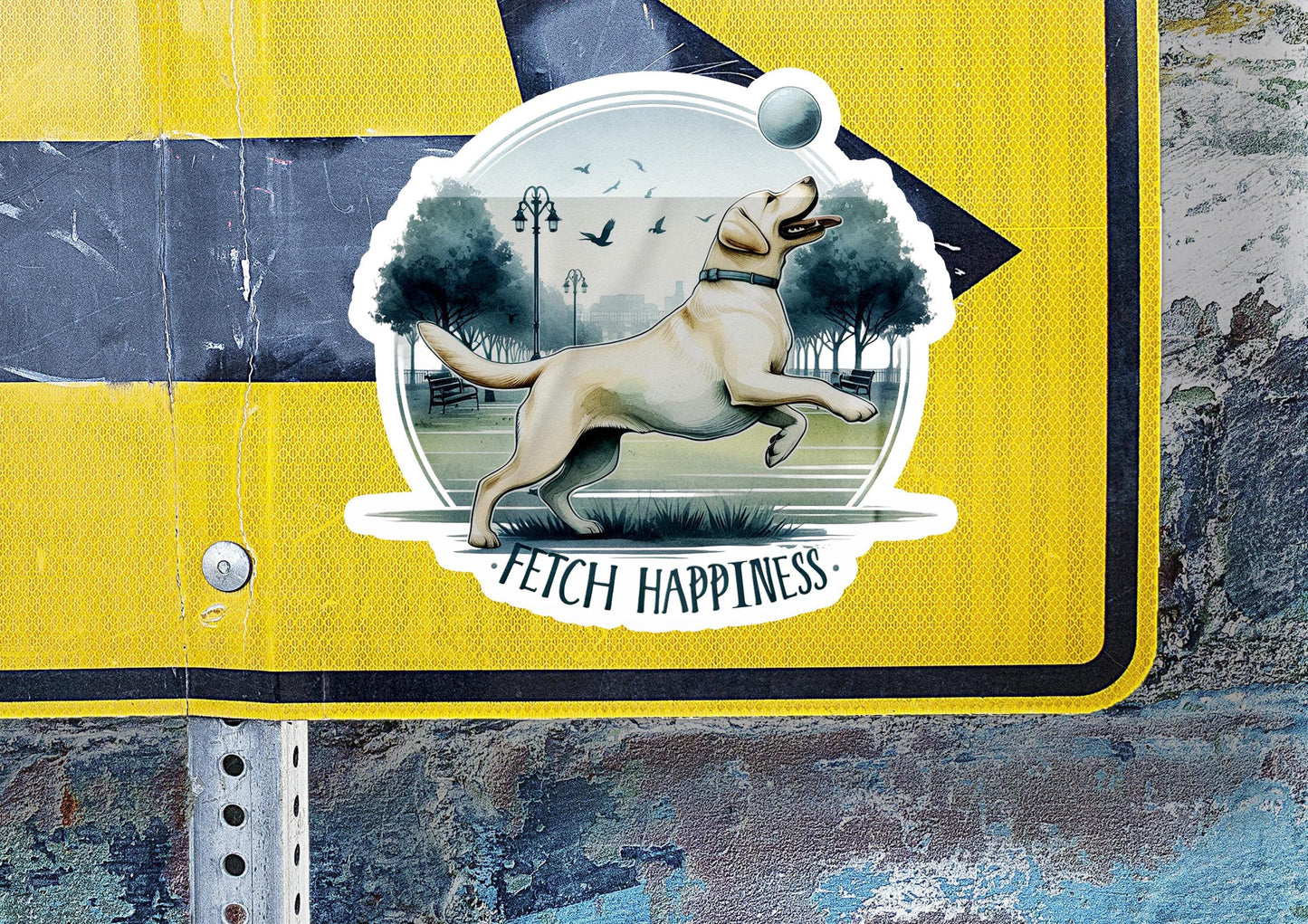 a sticker of a dog running on a street