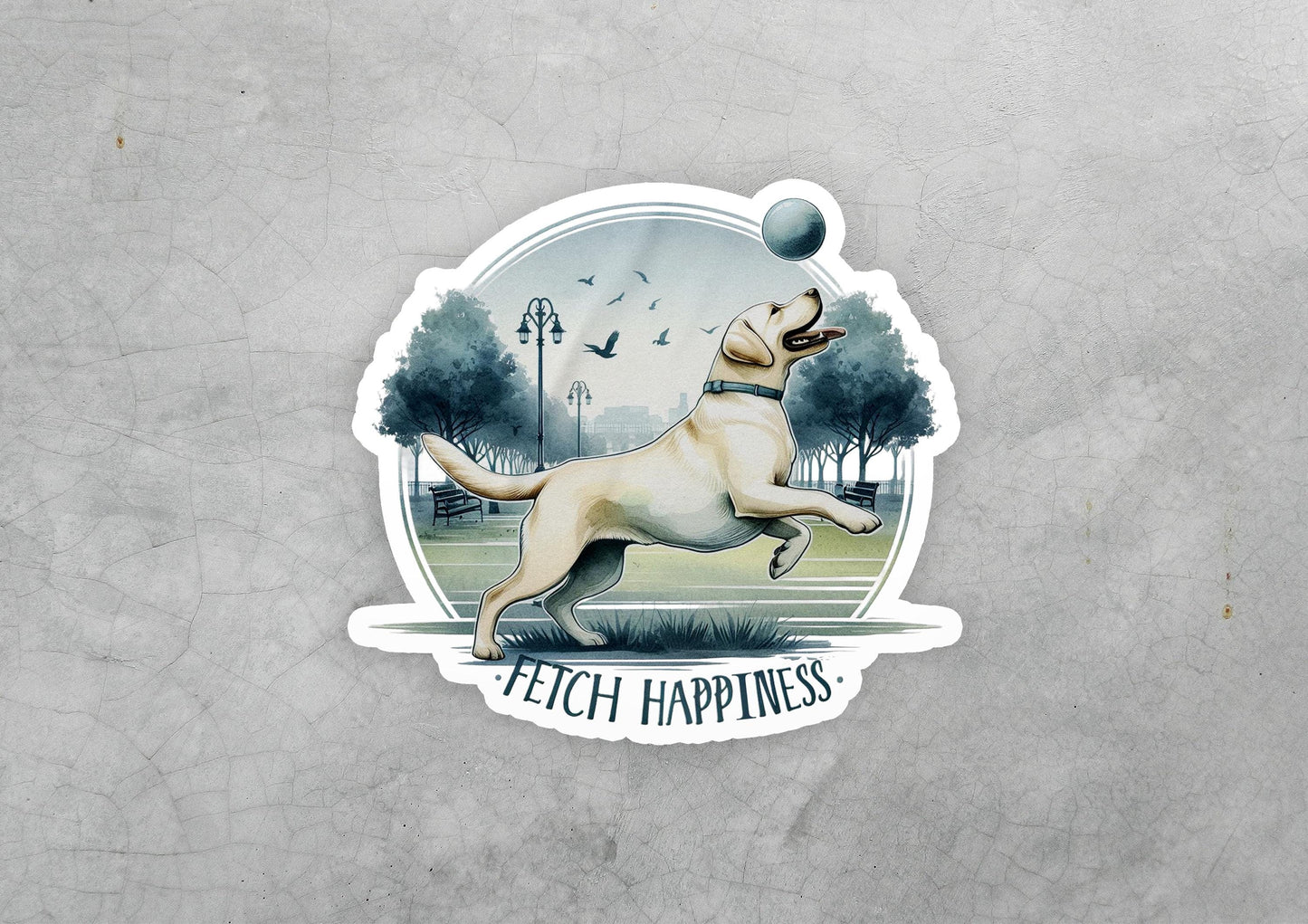 a sticker of a dog catching a frisbee