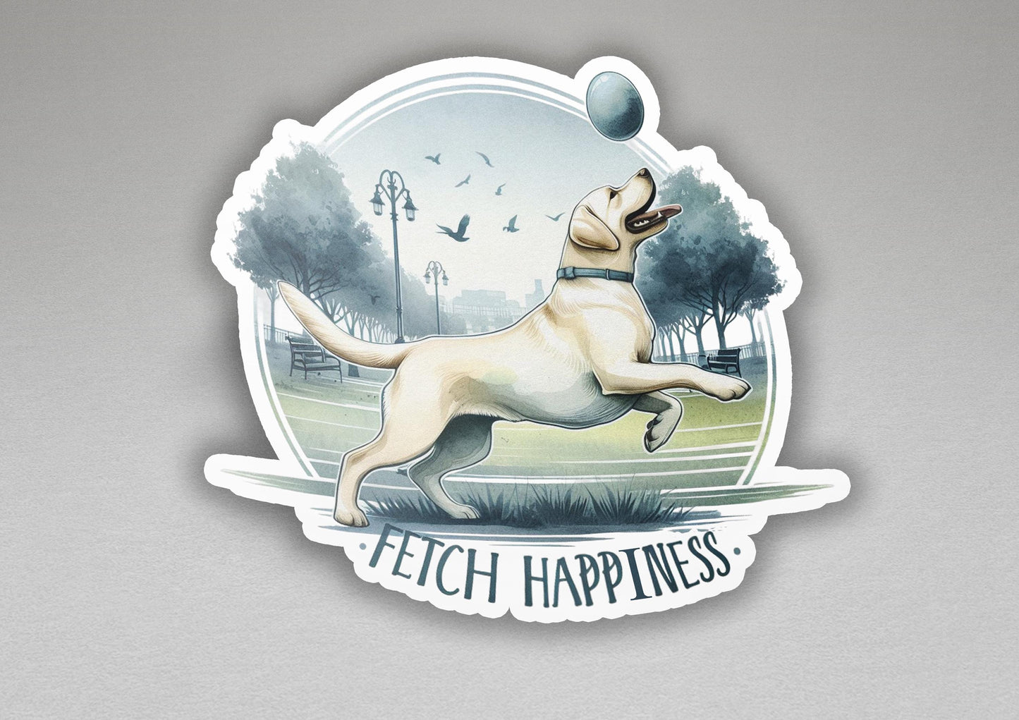 a sticker of a dog catching a ball