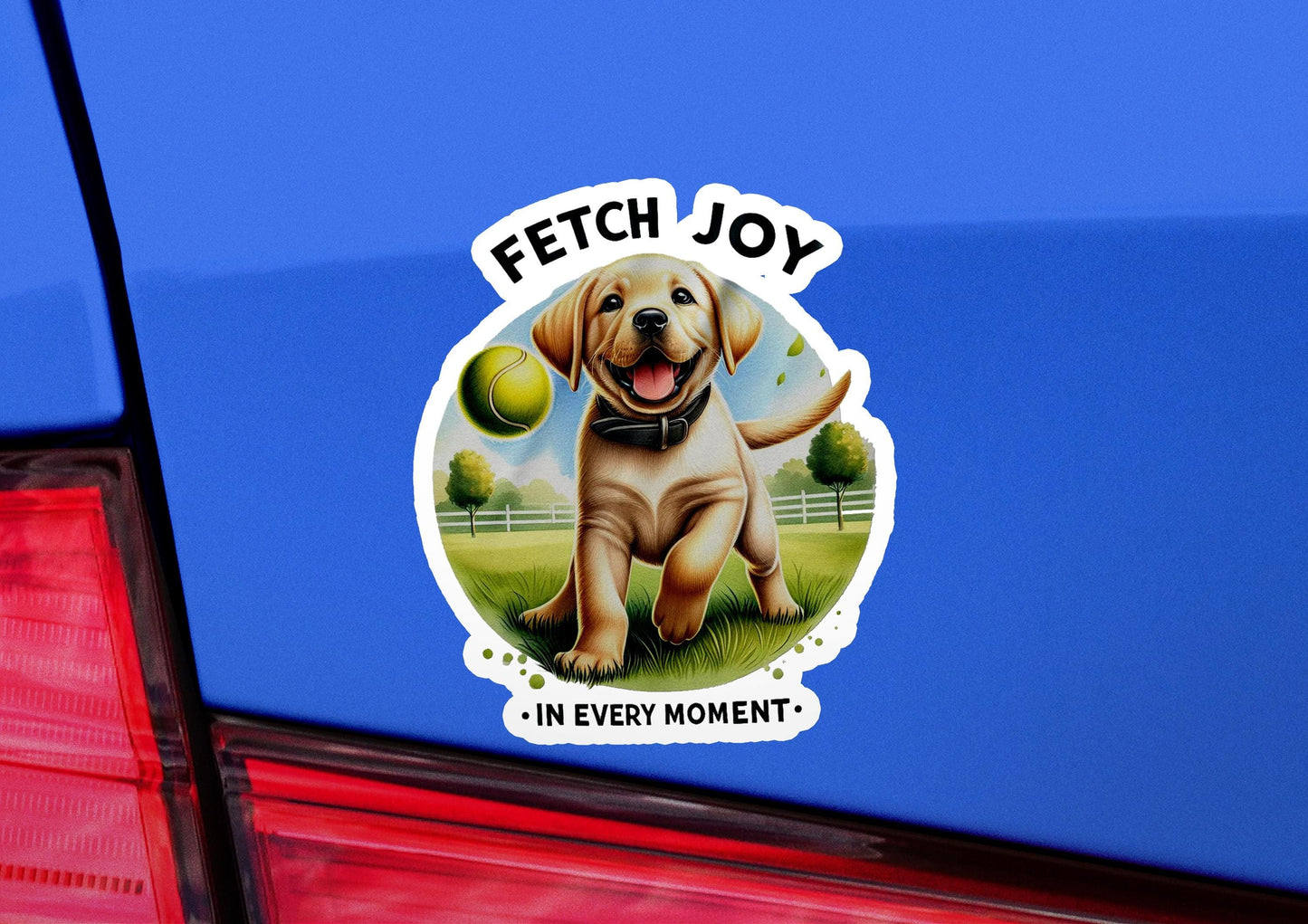 a sticker of a dog with a tennis ball in its mouth