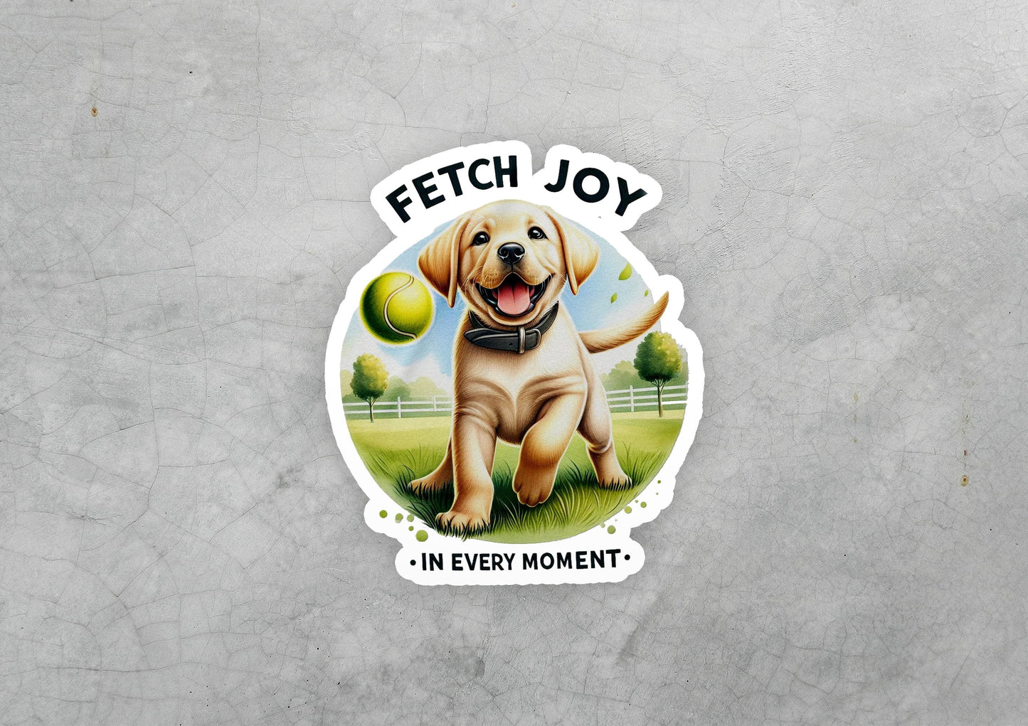 a sticker of a dog with a tennis ball in its mouth