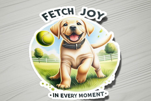 a sticker of a dog with a tennis ball in its mouth