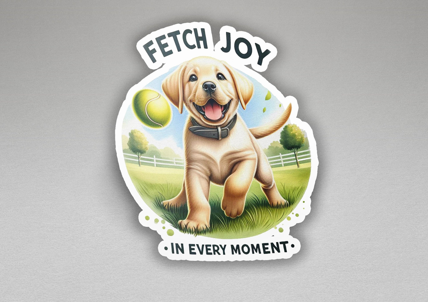 a sticker of a dog with a tennis ball in its mouth