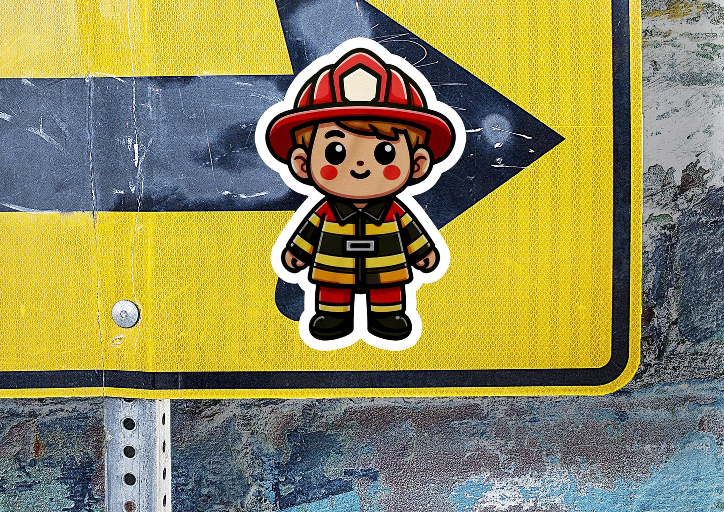 a sticker of a fireman on a yellow sign