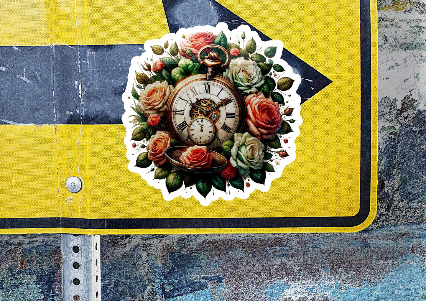 a sticker of a clock with roses on it