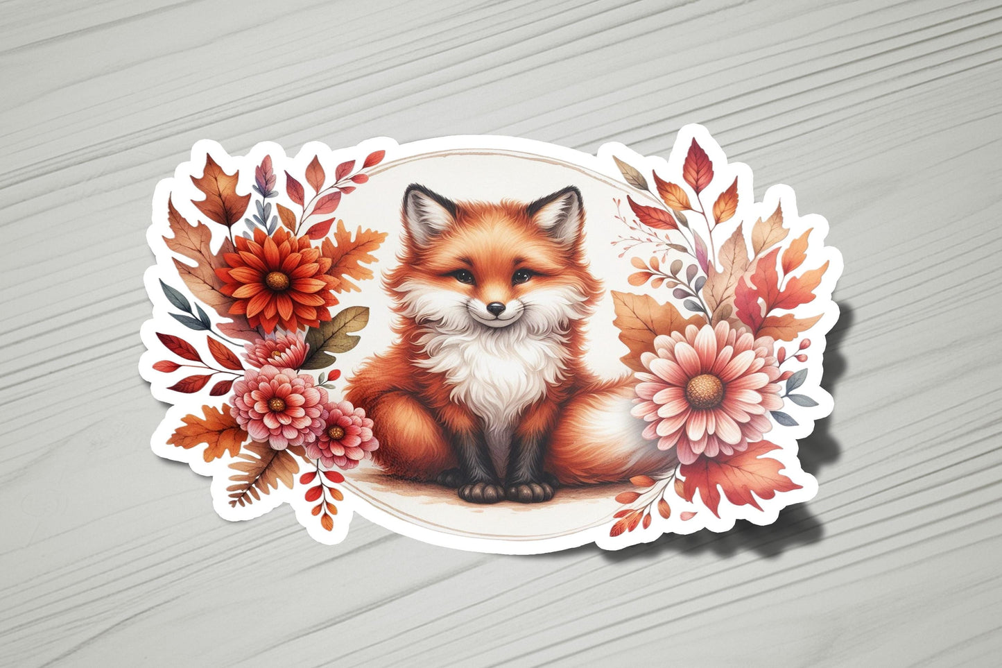 a sticker with a picture of a fox surrounded by flowers