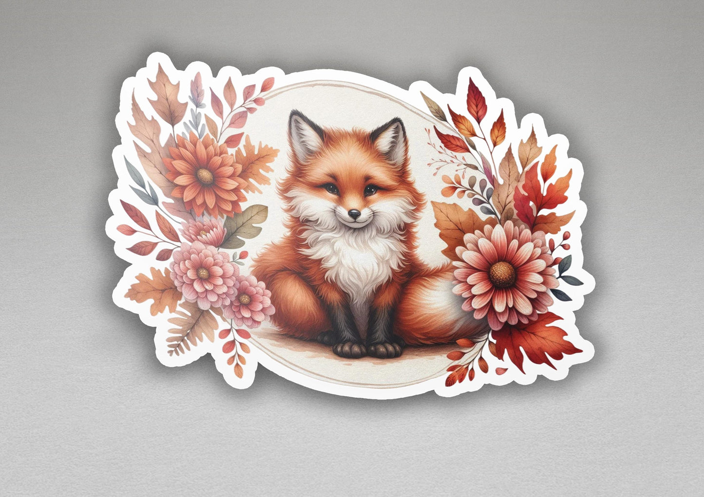 a sticker with a picture of a fox surrounded by flowers