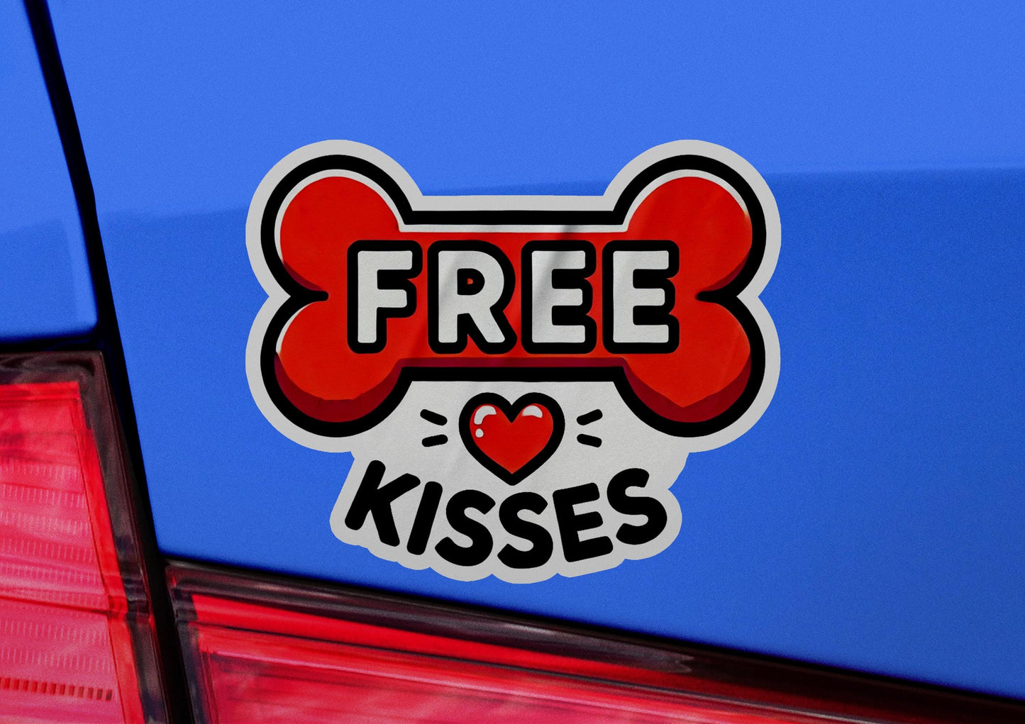 a blue car with a free kisses sticker on it