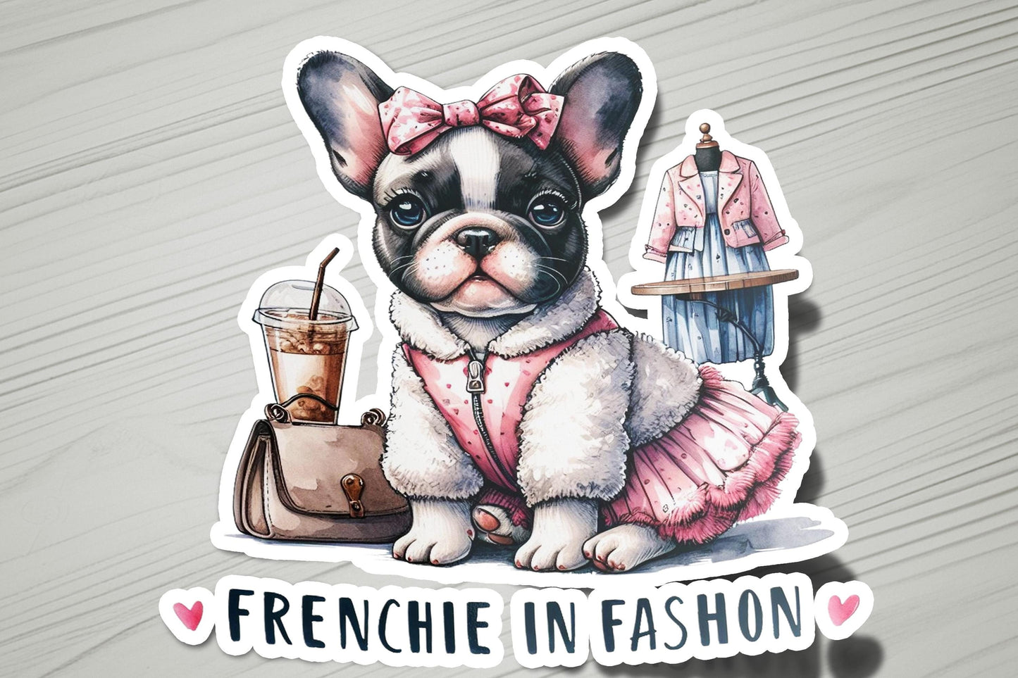a sticker of a frenchie in a pink dress