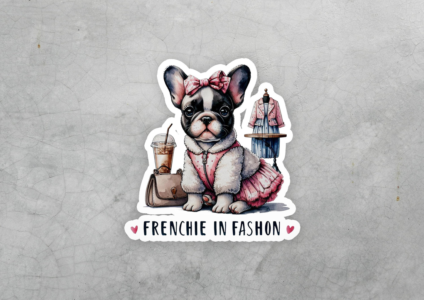 a sticker of a frenchie in a pink dress
